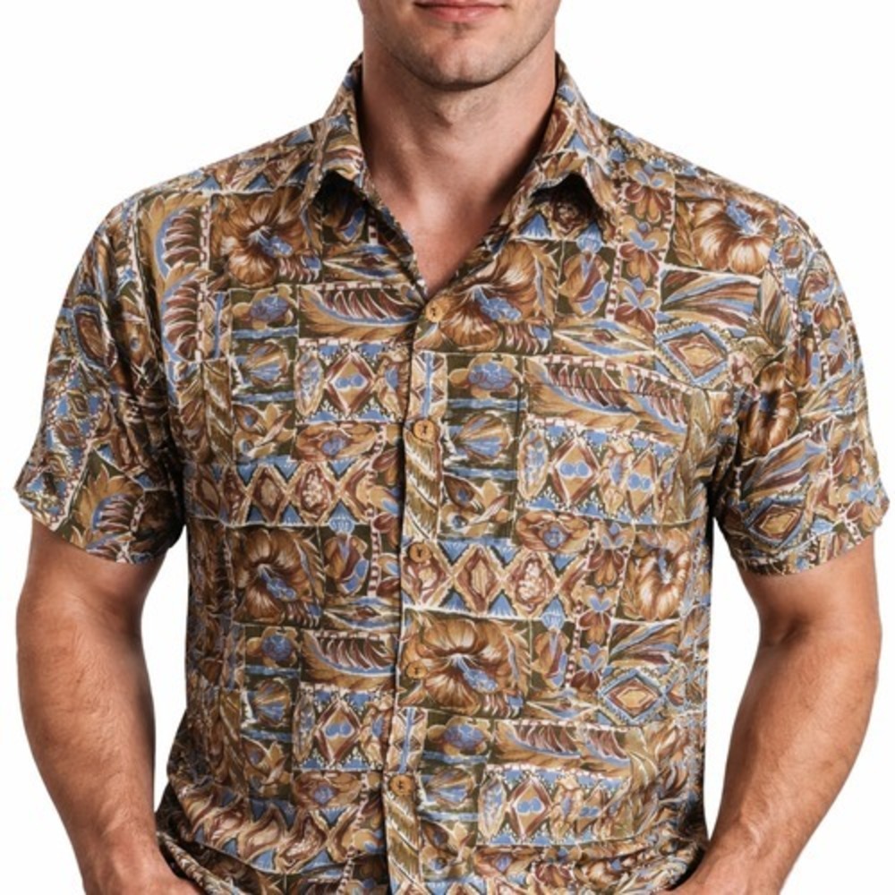 Reyn Spooner Joe Kealoha Hawaiian Aloha Shirt Medium Aquatic Tapa Brown Red